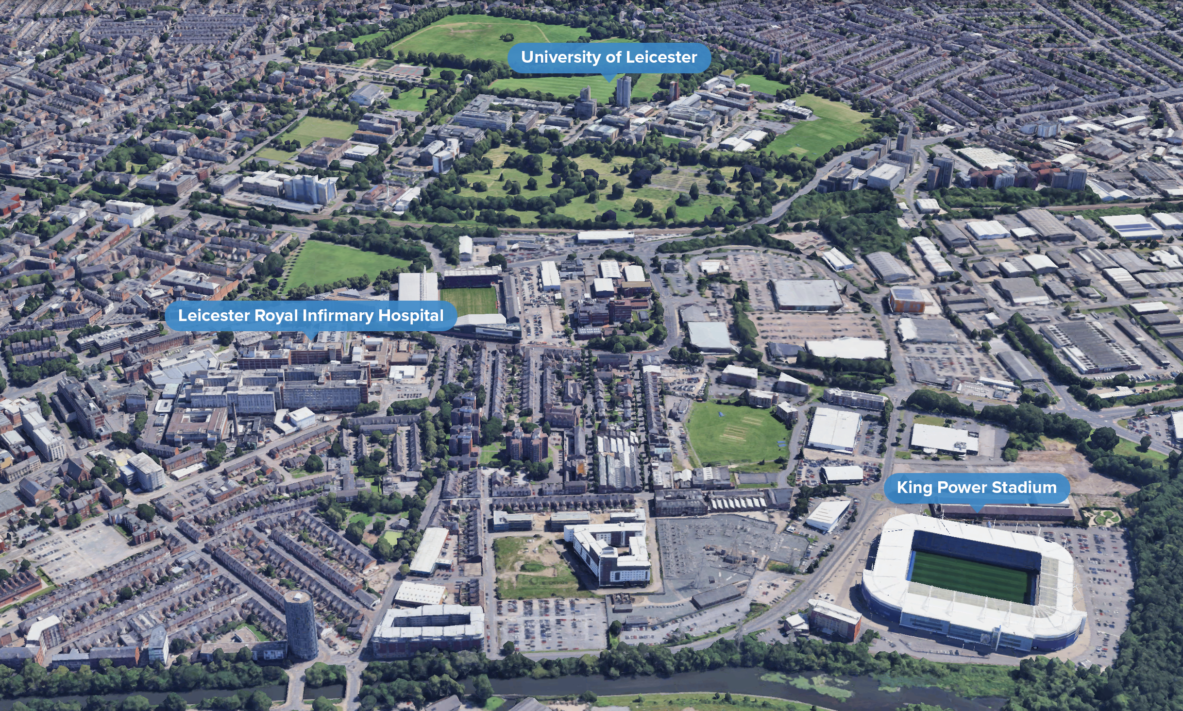 3D Google Earth map of Leicester city, pinpointing UoL, UHL and LCFC