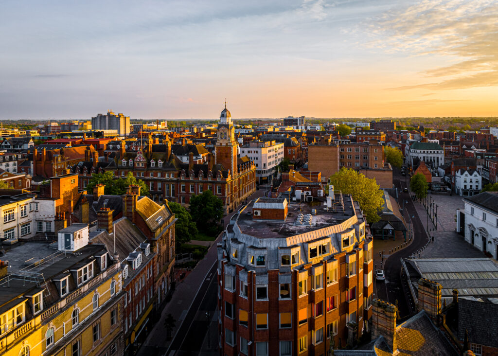 aerial view of Leicester city skyline in England