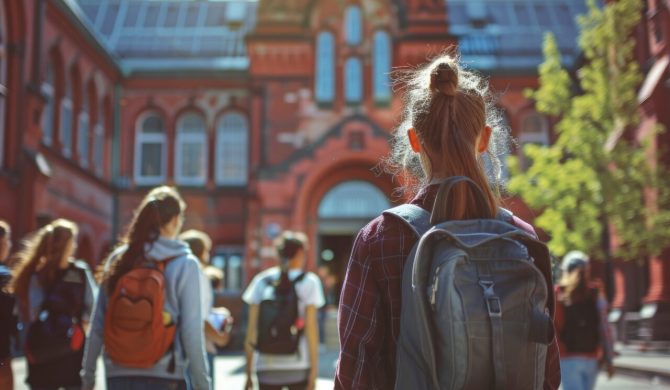 A group of students with backpacks in front of the entrance to an ancient red brick school, Russian high and middle distance people walking towards them, sunny day, soft light, the photo was taken from behind the girl,
